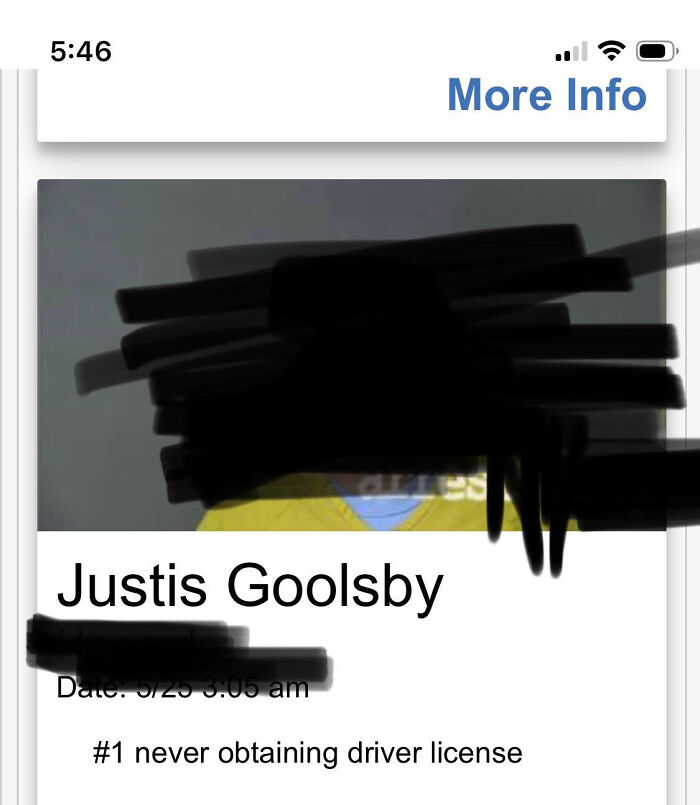 Justis Goolsby, an example of parents choosing a unique name, shown with #1 never obtaining driver license.
