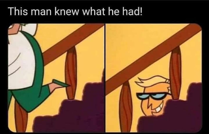A cartoon meme with a character peeking mischievously from behind a banister, a funny 90s babies memory.