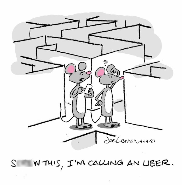 Two mice lost in a maze, one checking a phone to call an Uber from awkward comics by Joe Lennon.
