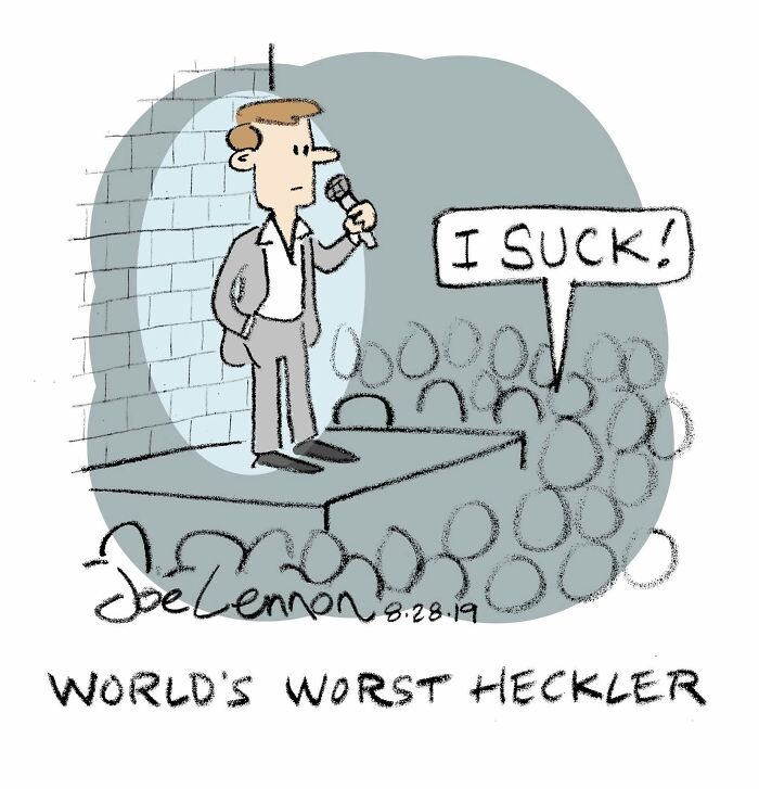 A hilariously awkward comic by Joe Lennon of a comedian heckling himself on stage.