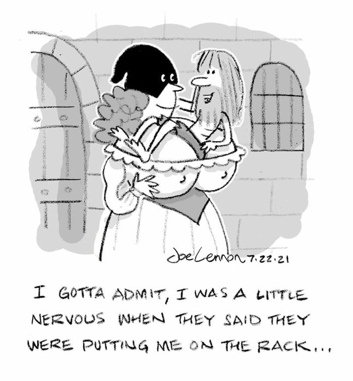 A relatable and awkward comic by Joe Lennon showing a person on a medieval t*****e rack, nervous but fine.