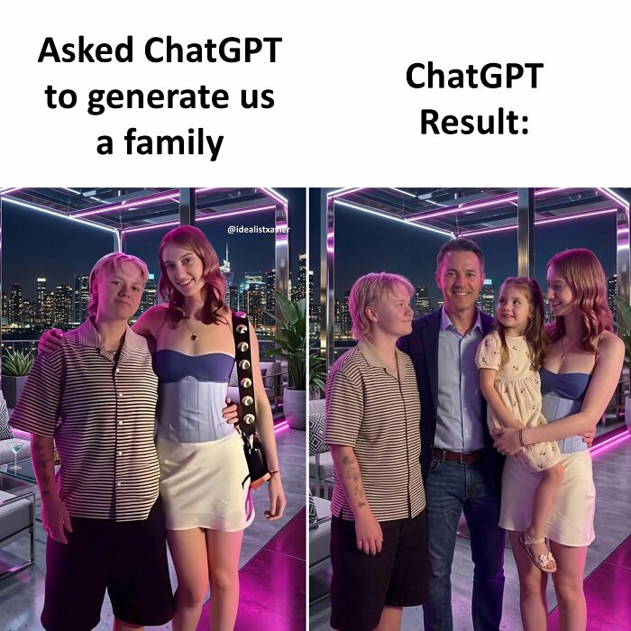 Hilarious post from Xavier: ChatGPT generates two family photos, with Xavier's clever touch.