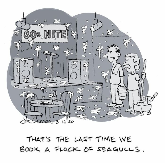 Hilariously awkward comic by Joe Lennon of a band called A Flock of Seagulls making a mess at an 80s Nite show.