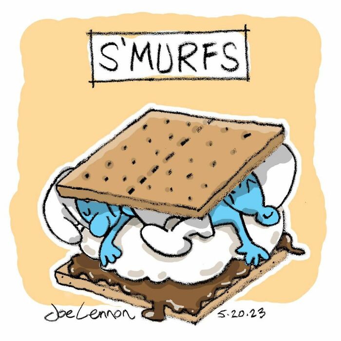 Hilariously awkward comic by Joe Lennon of Smurfs mashed between graham crackers and chocolate, making S'murfs.