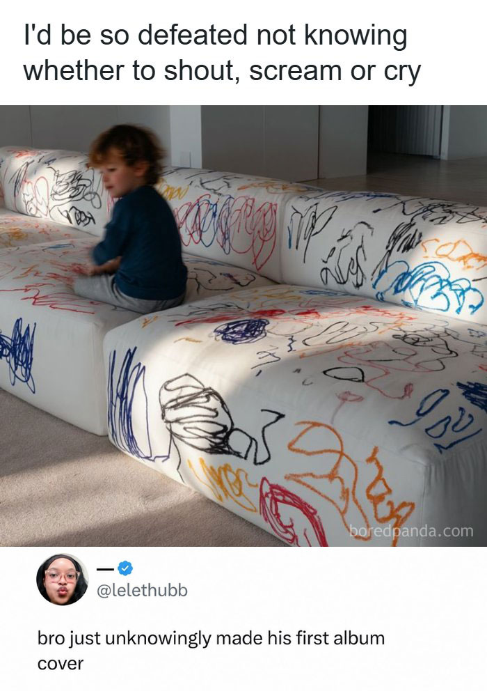A child sitting on a white sofa covered in colorful scribbles. This image is a hilarious meme about children's antics.