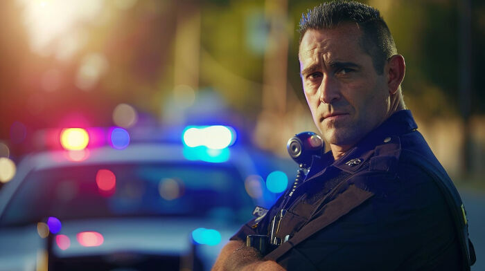Police officer with crossed arms, looking serious with blurred police car lights in the background, showing jobs guys have.