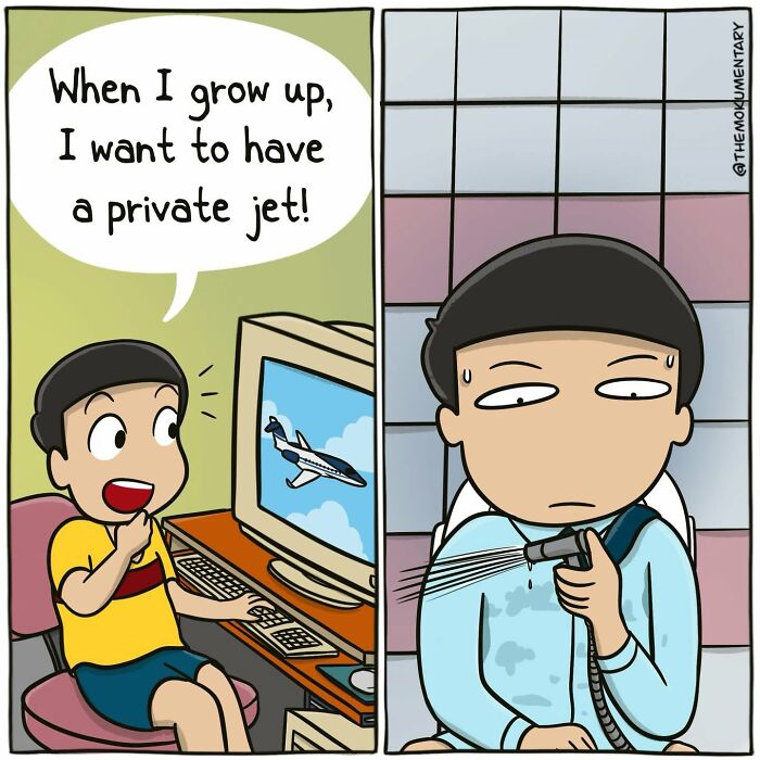 Mokumentary comic capturing the awkward side of everyday life: A child dreams of a private jet, an adult struggles with a bidet.