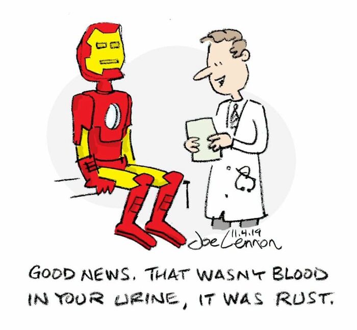 Hilariously awkward comic by Joe Lennon of Iron Man at the doctor, learning his urine contains rust instead of blood.