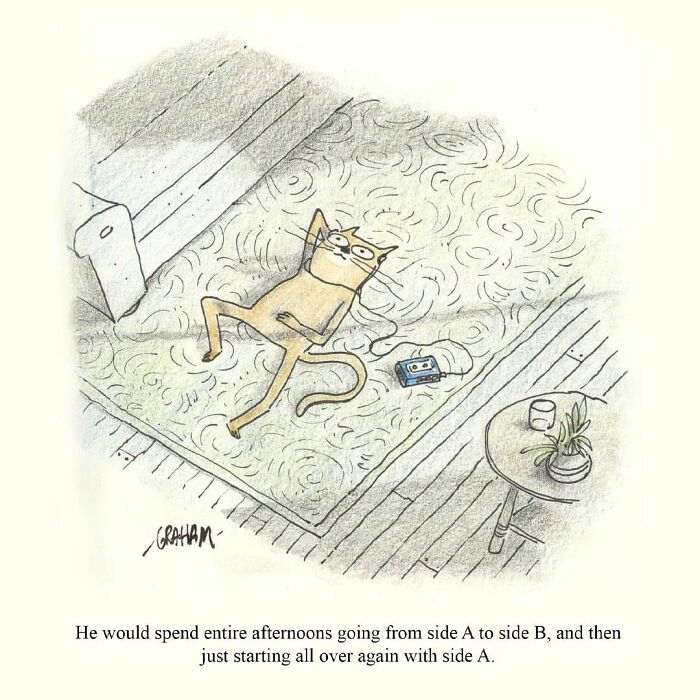 A delightfully weird cat comic of a cat lying on a rug listening to a cassette, perfectly capturing why felines rule.