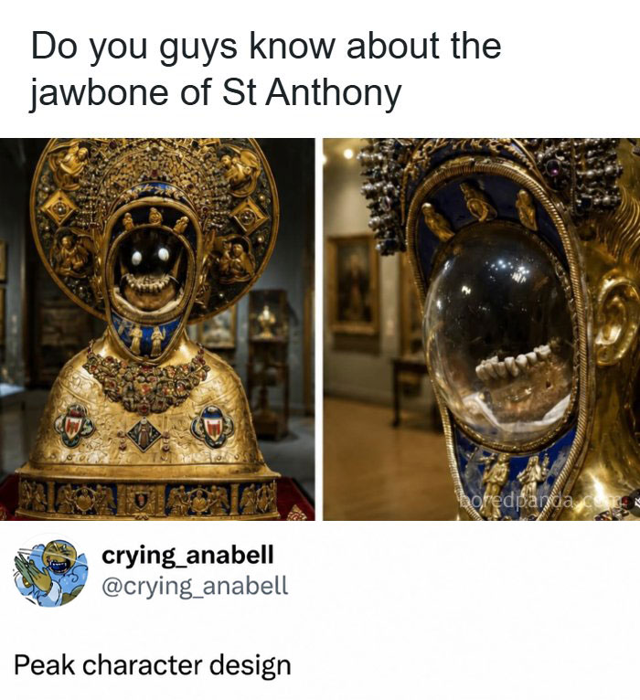 A split image showing the elaborate reliquary of St. Anthony's jawbone, a historical object used for hilarious memes and roasts.