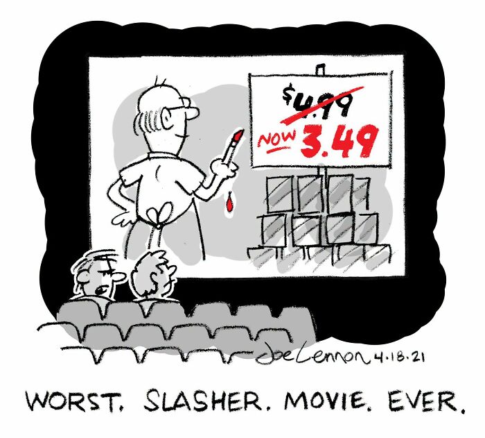 Hilariously awkward comic by Joe Lennon of a horror movie audience watching a slasher changing a price tag to a lower price.
