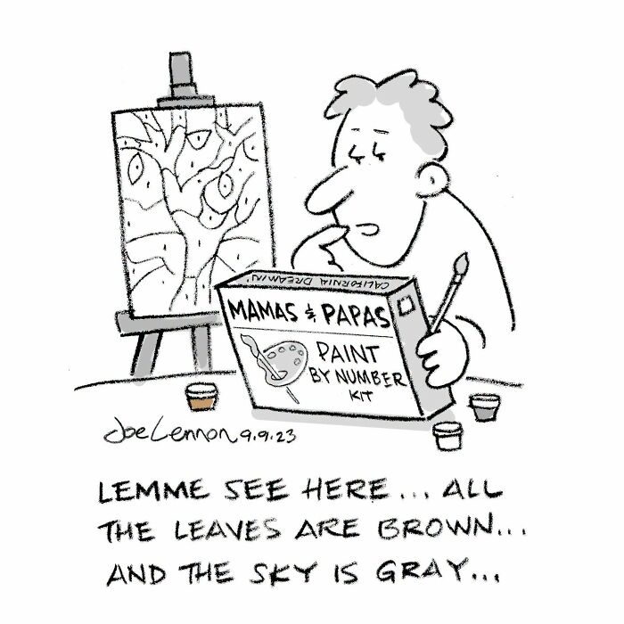 A man painting a tree with brown leaves and gray sky from awkward comics by Joe Lennon.