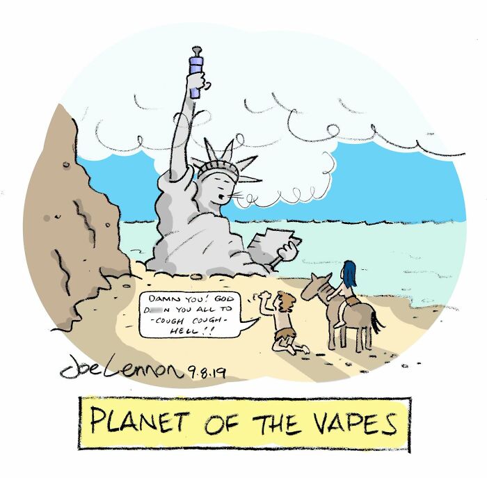 The Statue of Liberty vaping on a beach with other people from awkward comics by Joe Lennon.