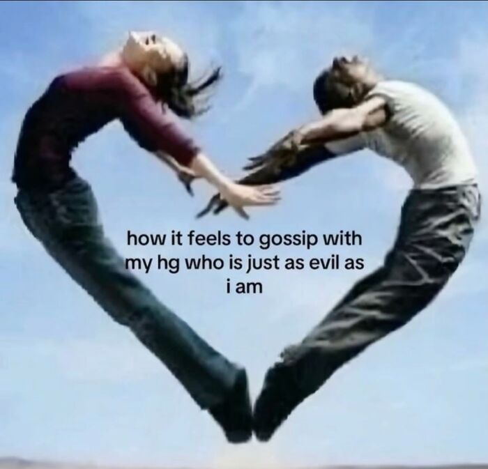 Two people forming a heart shape against a blue sky, with text about relatable memes: 'how it feels to gossip with my hg who is just as evil as i am'.