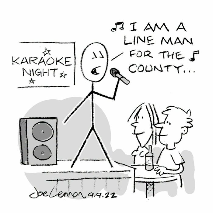 A Joe Lennon comic shows a stick figure singing at a karaoke night while two people watch, an awkward comics moment.