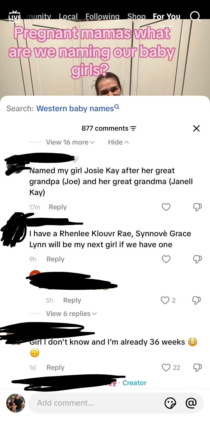 A social media post with comments discusses parents naming their babies with unusual names, some feeling regret.
