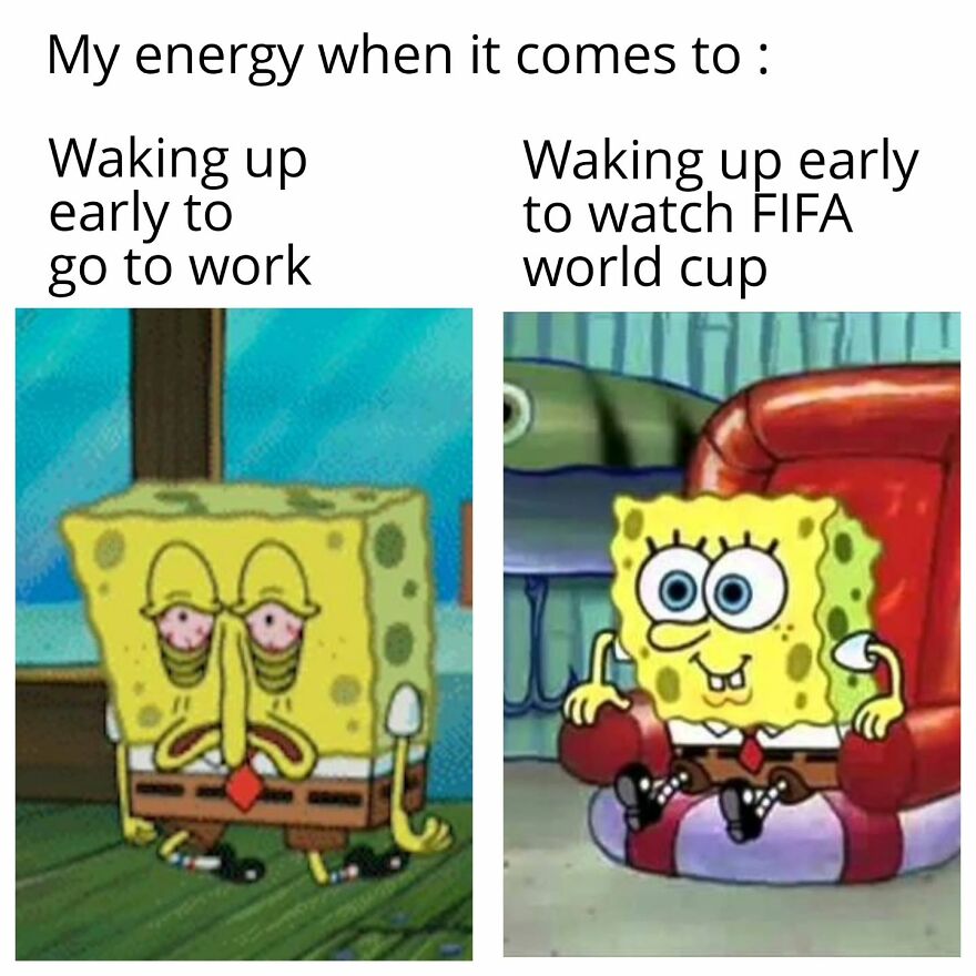 Spongebob Squarepants looking tired for work and energetic for the World Cup, a meme.