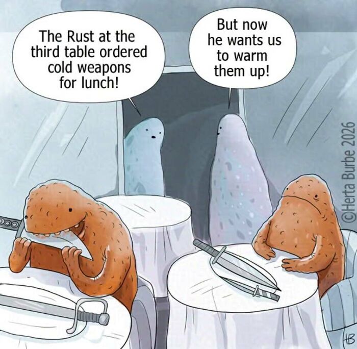 A comic illustration by Herta Burbė of two rust monsters in a restaurant ordering cold weapons for lunch.