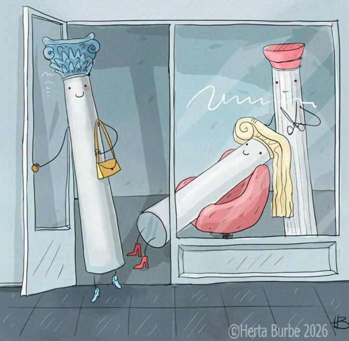A comic illustration by Herta Burbė depicting architectural columns getting their hair styled at a salon.