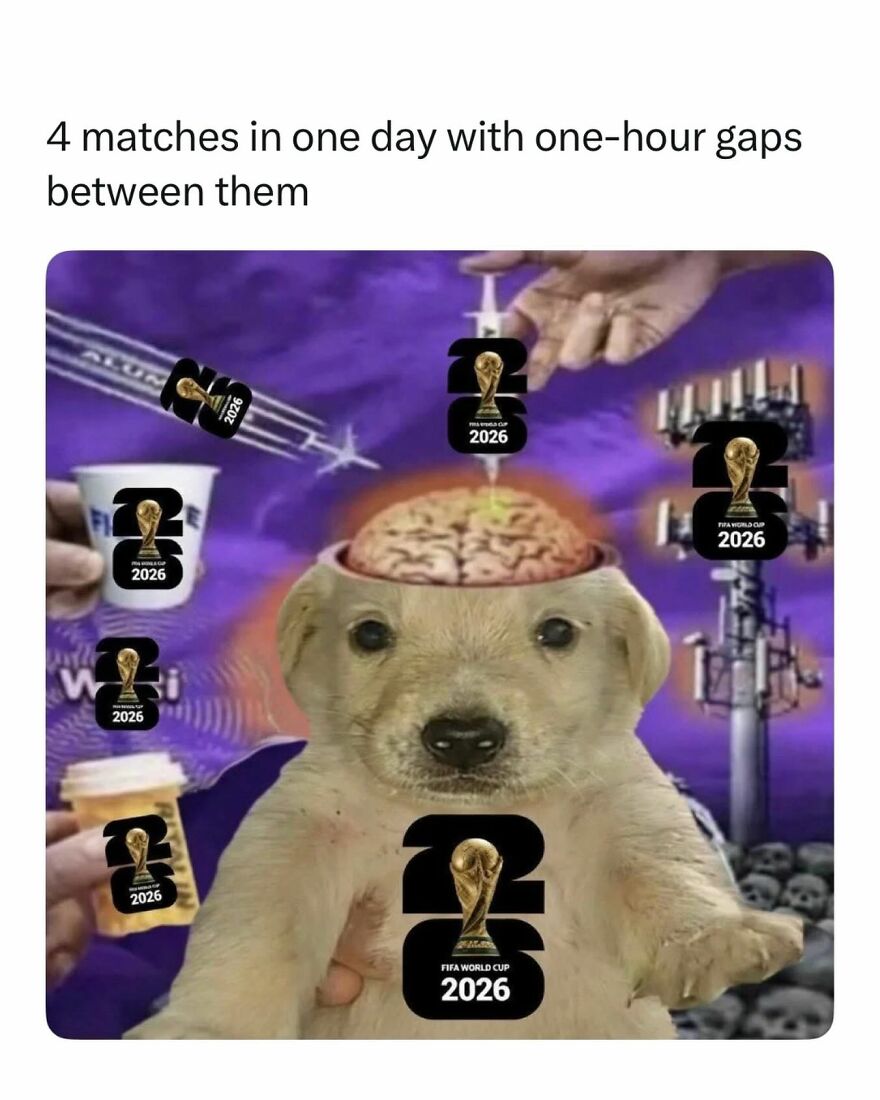 A World Cup meme showing a puppy with a human brain, surrounded by various World Cup 2026 trophies and syringes.