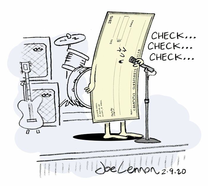 A Joe Lennon comic features a large check with arms and legs singing into a microphone on stage, a relatable comic scene.