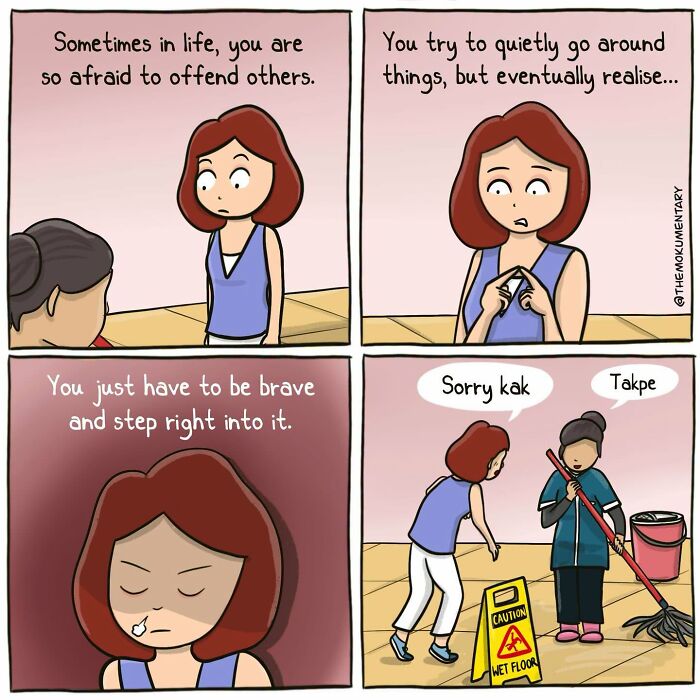 A Mokumentary comic strip shows a woman trying to avoid offending others, then bravely stepping into a wet floor, capturing the awkward side of everyday life.
