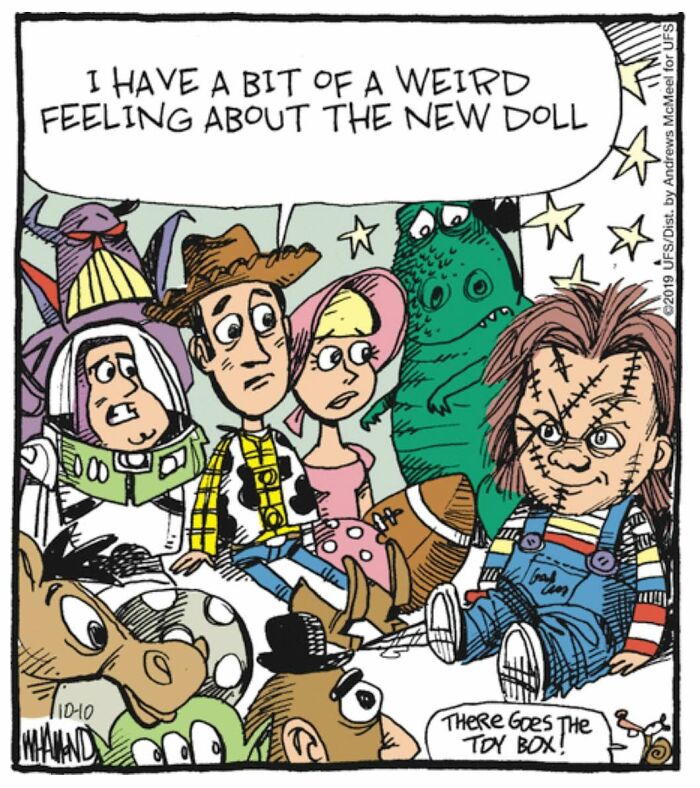 Dave Whamond cartoon of Toy Story characters looking at Chucky, a pop culture icon.