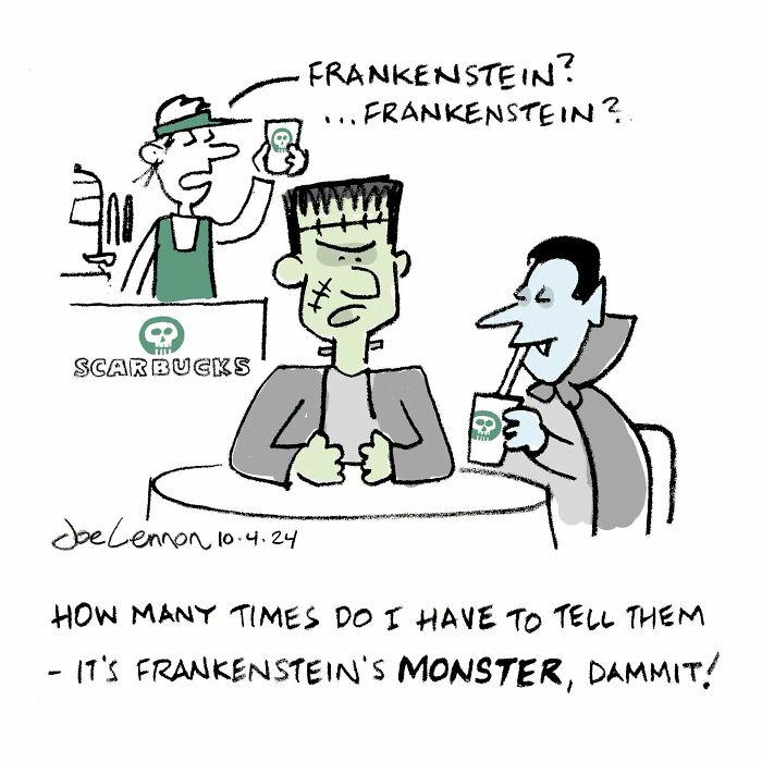 A Joe Lennon comic depicts Frankenstein's monster at a coffee shop with Dracula, a hilariously awkward comics scenario.