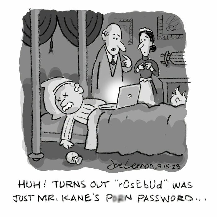 A Joe Lennon comic illustrates a couple discovering a man's password 'rOsEbUd' from his laptop in bed.