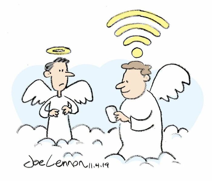 A Joe Lennon comic shows two angels in heaven, one with a halo and the other with a WiFi signal, an awkward comics situation.