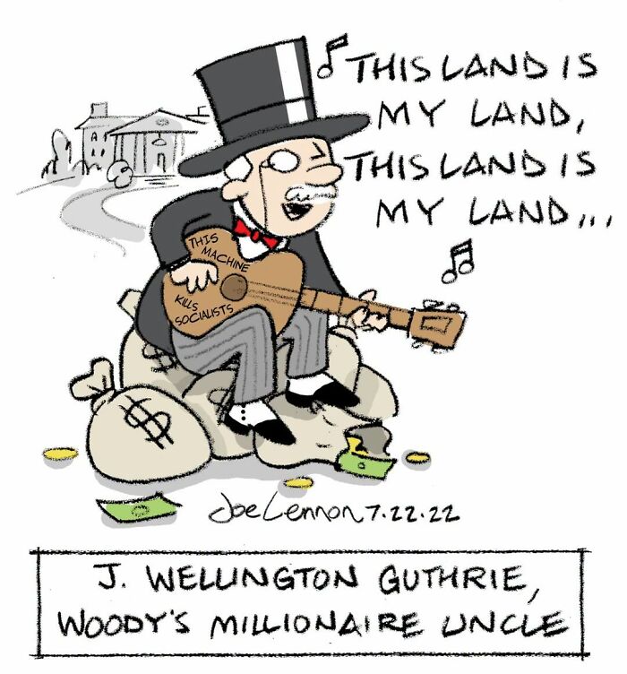 A Joe Lennon comic illustrates a wealthy man with a guitar sitting on money bags, singing, a relatable comics depiction.