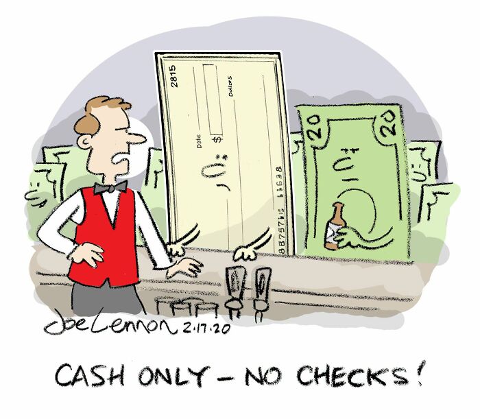 A hilariously awkward comic by Joe Lennon featuring a bartender telling a giant check that it is cash only.
