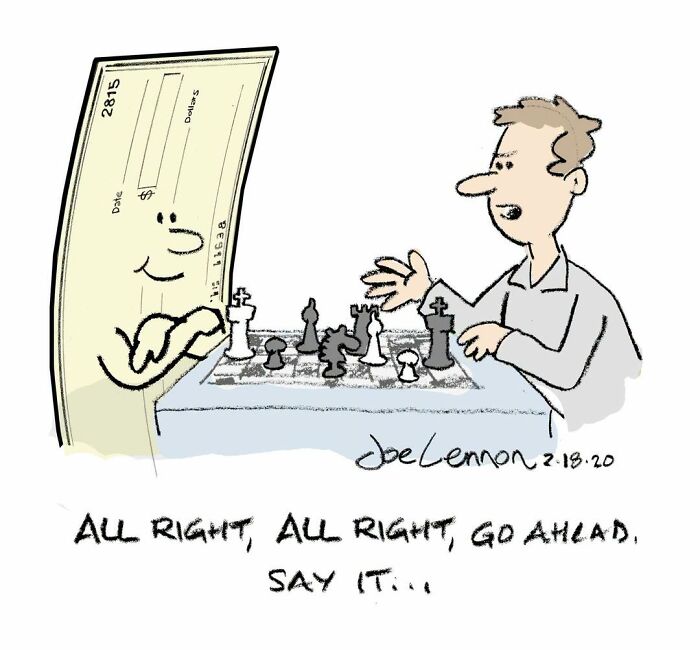 A relatable and awkward comic by Joe Lennon showing a man playing chess with a smiling check.