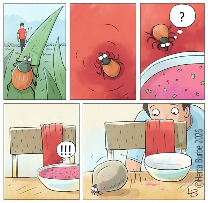 A comic illustration by Herta Burbė showing a tick falling into a bowl of soup, then a person trying to eat it.