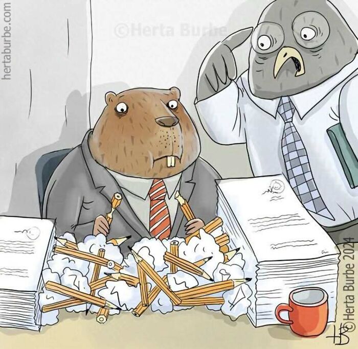 Herta Burbė comics illustration of a beaver surrounded by chewed pencils at work, brightening your day.