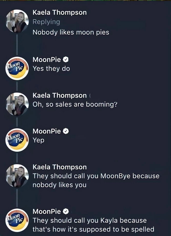 Screenshot of a Twitter conversation between Kaelah Thompson and MoonPie, discussing boring names and unique spellings.