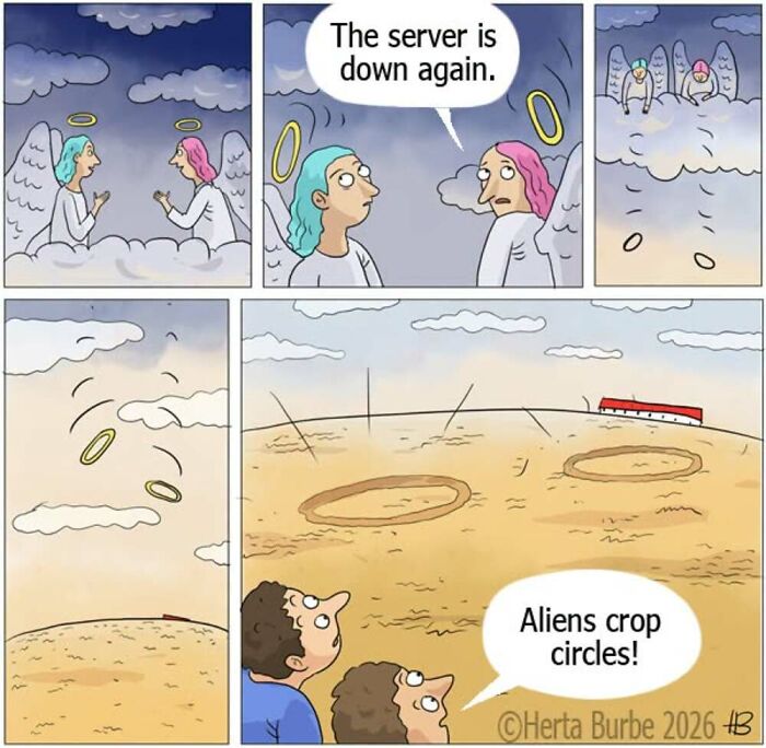 Herta Burbė comics illustration of angels dropping halos creating crop circles, brightening your day.