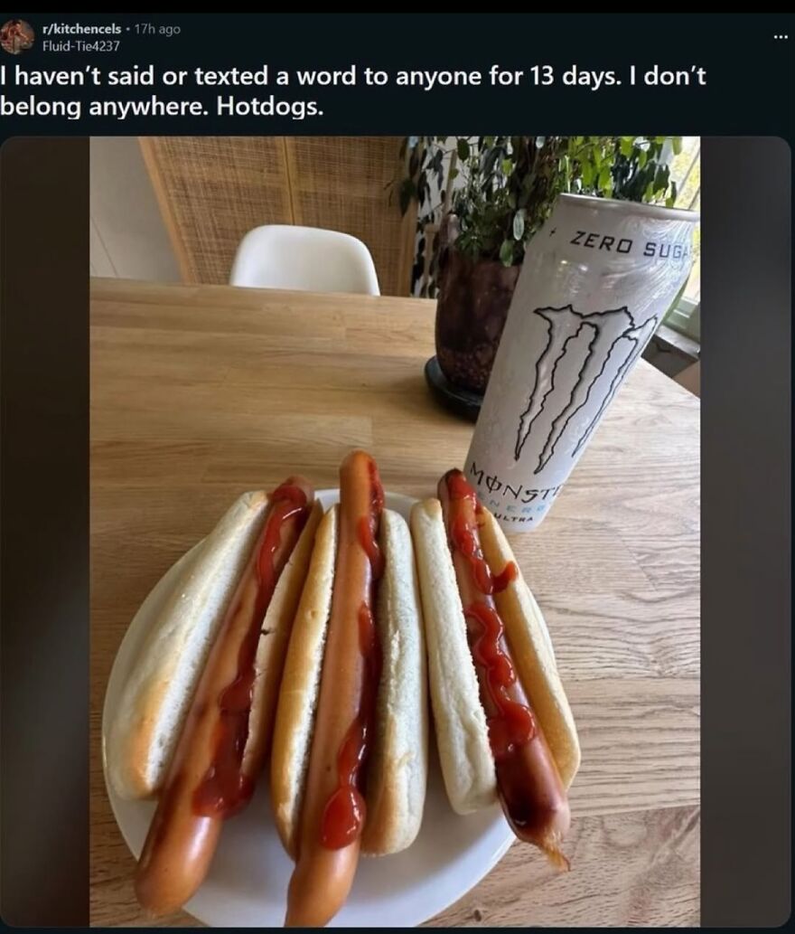 A hilariously unhinged screenshot of a dinner plate with three hotdogs in buns, topped with ketchup, next to a large energy drink can.