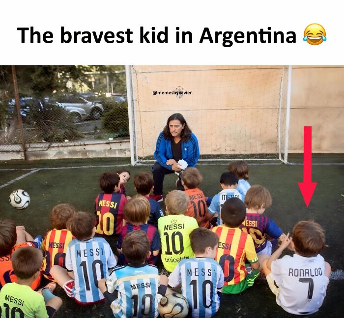 Hilarious Posts: A meme by Xavier showing a group of kids in Messi jerseys surrounding a single kid in a Ronaldo jersey, titled The bravest kid in Argentina.
