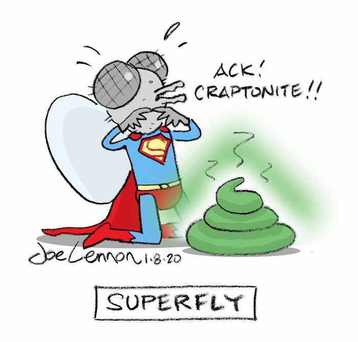 A Joe Lennon comic of a fly superhero reacting to green p**p, labeled as Craptonite. Relatable and awkward comics.