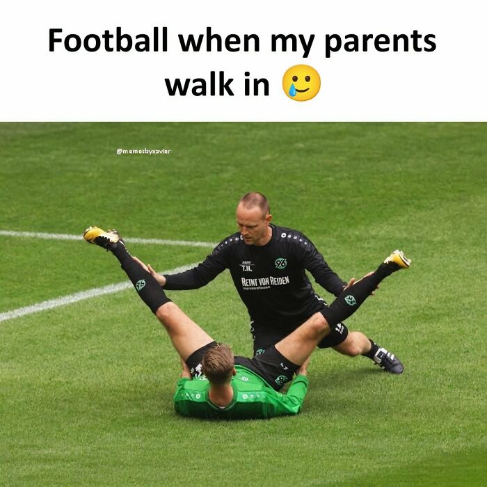 Hilarious Posts: A football meme by Xavier where two players are in an awkward position, captioned Football when my parents walk in.