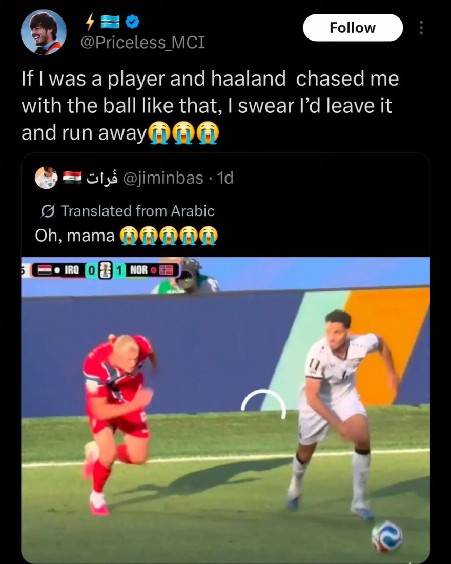 Hilarious World Cup meme of Haaland intensely chasing a player, causing fear and chaos.