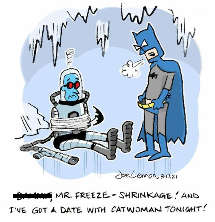 A Joe Lennon comic featuring Batman complaining about shrinkage to a tied-up Mr. Freeze. Hilariously awkward comics.