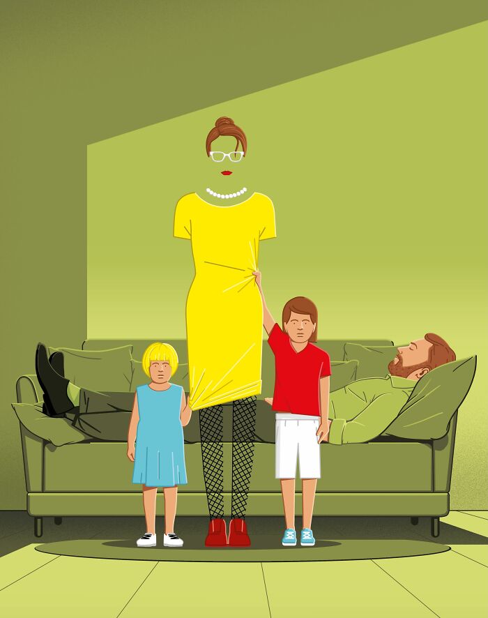 Illustration by Stephan Schmitz of a mother with invisible head, held by two children, while a man rests on a couch.