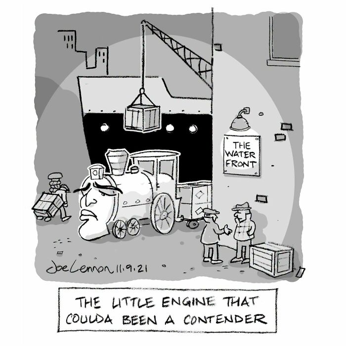 A Joe Lennon comic of a sad train engine in front of a ship and a sign for 'The Waterfront'. Relatable and awkward comics.