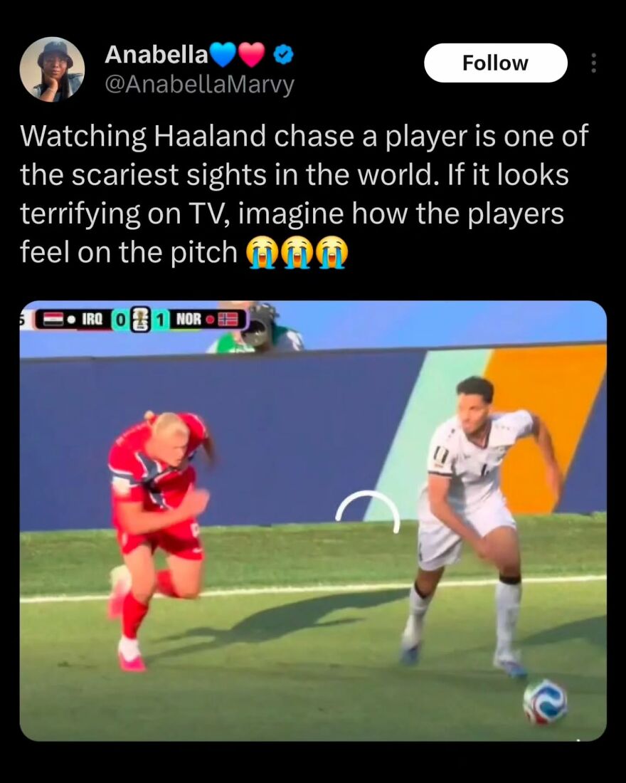Hilarious World Cup meme of Haaland chasing a player, embodying the chaos on the pitch.