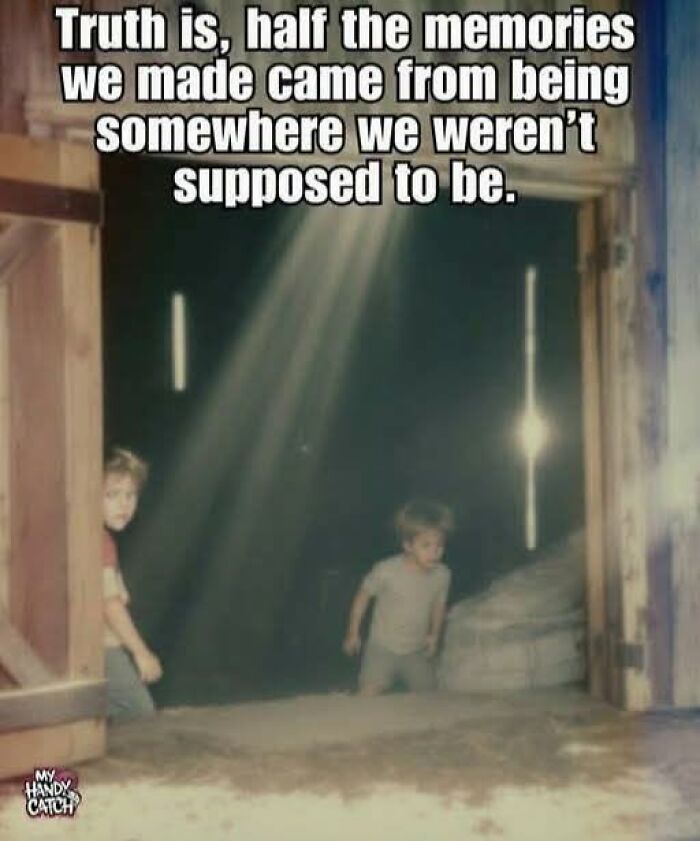 Two children in a dusty room with a beam of light, a Gen X meme about memories.