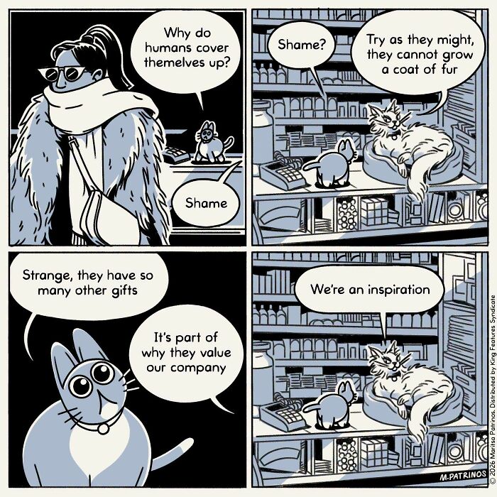 A comic imagines cats with jobs, coworkers, and responsibilities, discussing human clothing and the value of cats company.