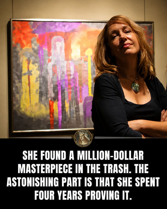 Woman in front of abstract art, showcasing an example of overlooked women in history.
