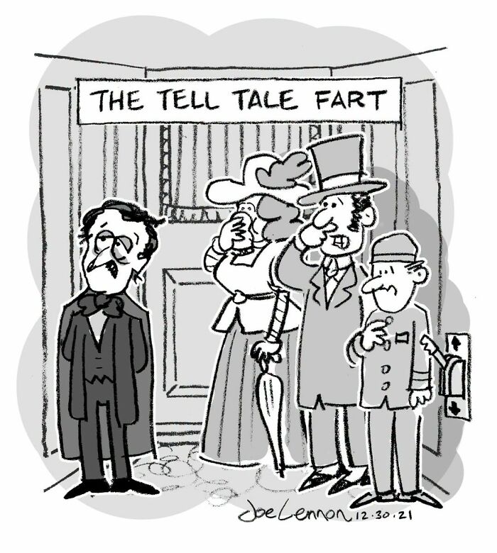 A Joe Lennon comic shows a man looking upset as three people react to 'The Tell Tale Fart'.